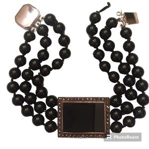 Vintage 1990s Art Deco style, 925 stamped , Onyx & Marcasite Bracelet